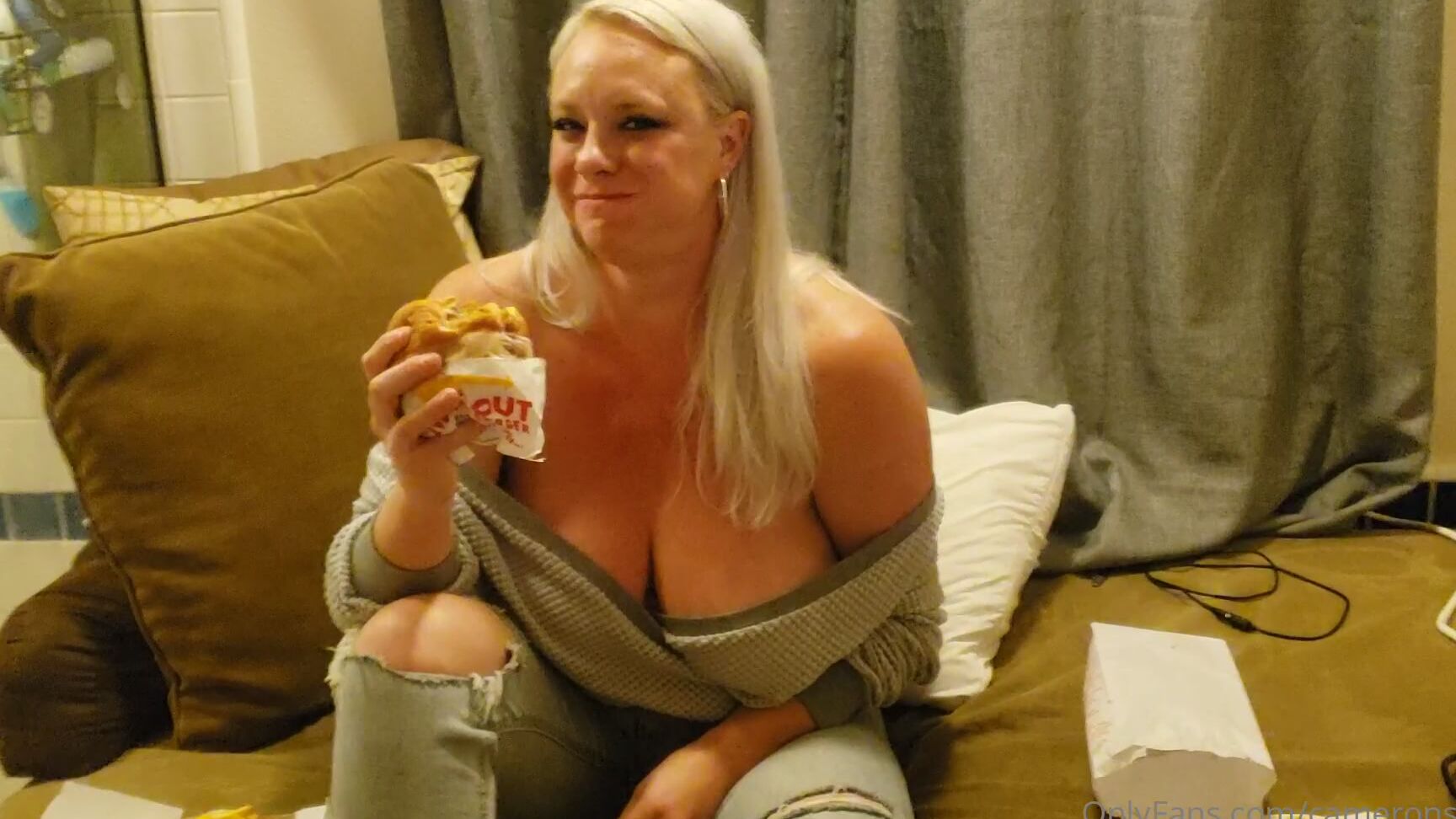 Cameronskye1 2448509055 05 08 2022 Eating A Burger And Fries With My Top Falling Off Almost