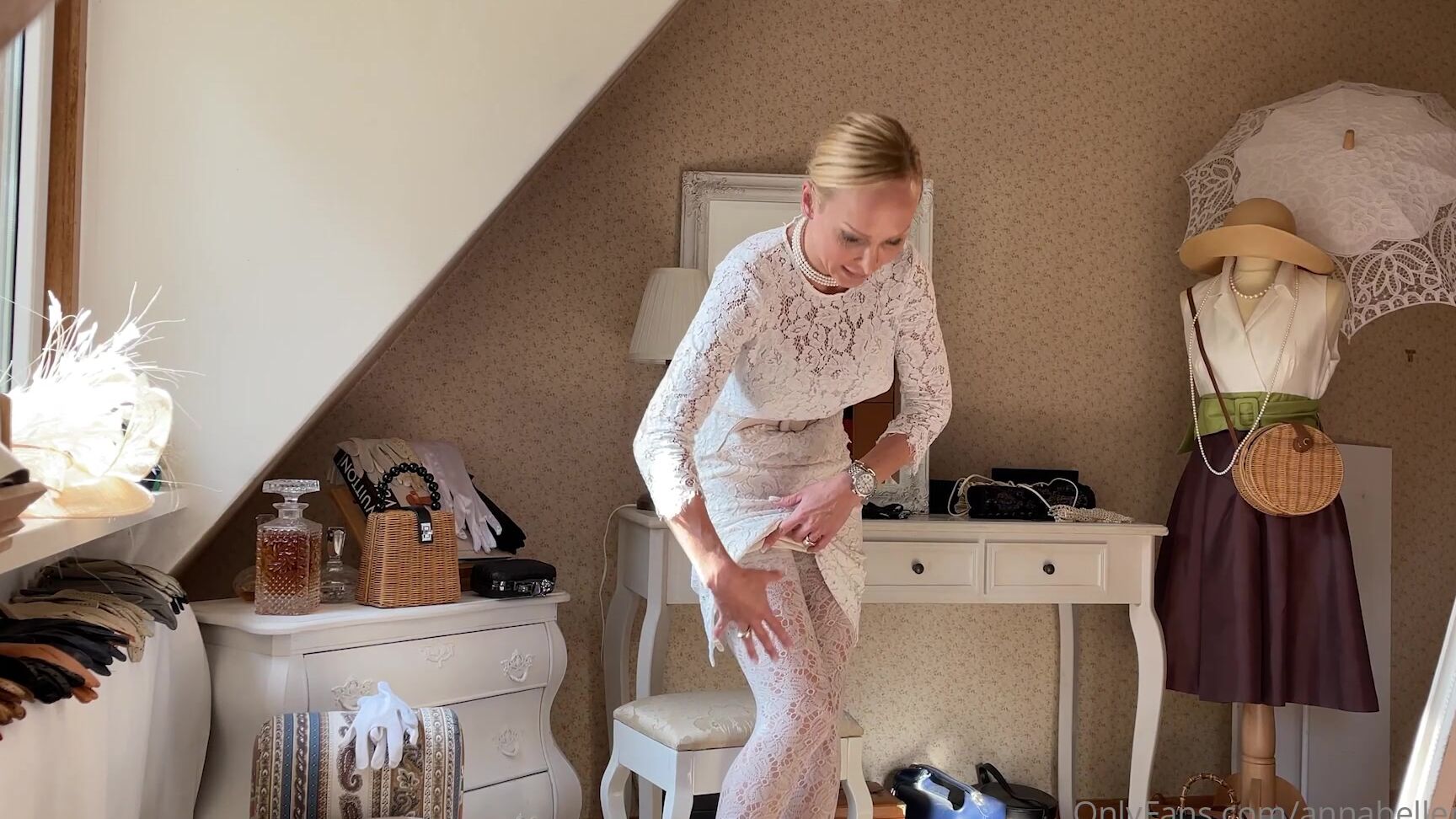 Annabellement Beautiful White Lace Outfit With Crochet Skirt Pantyhose Layering Cream Leather Gloves