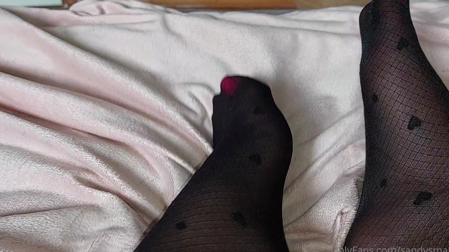 Sandysmallfeet Black See Trough Stockings With A Tiny Black Hearts Hot Pink Pedi Oil And Me Moaning Sof