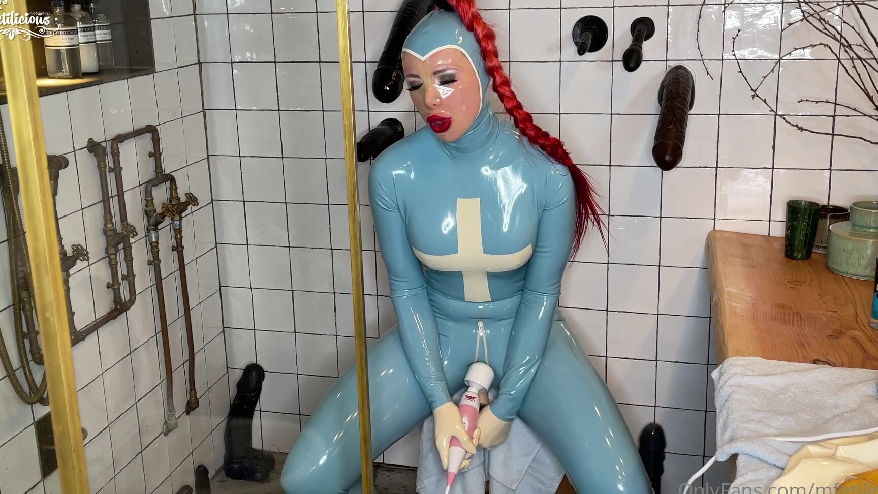 Mfetilicious Wearing My Light Blue Medical Style Latex Catsuit With Built In Condoms And Atached Gloves
