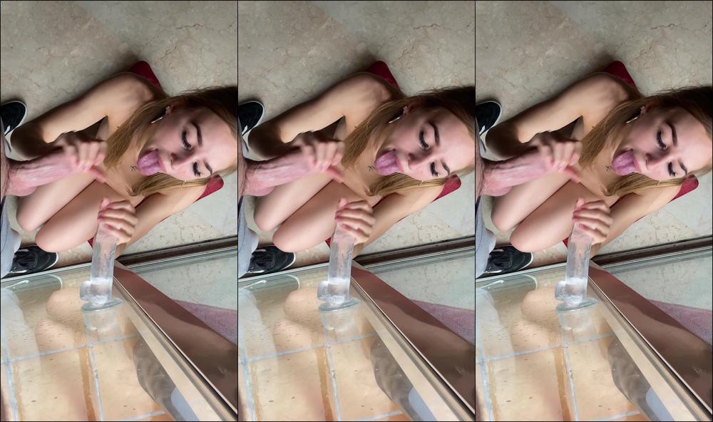 Catanddick Double Blowjob With Transparent Dildo Stuck To The Window And A Nice Facial