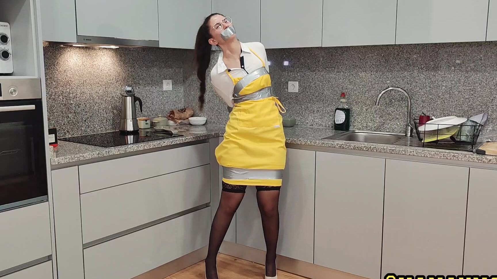 Shanaxnow Stunning Waitress Sexy Tight Apron Fetish Bondage Duct Tape