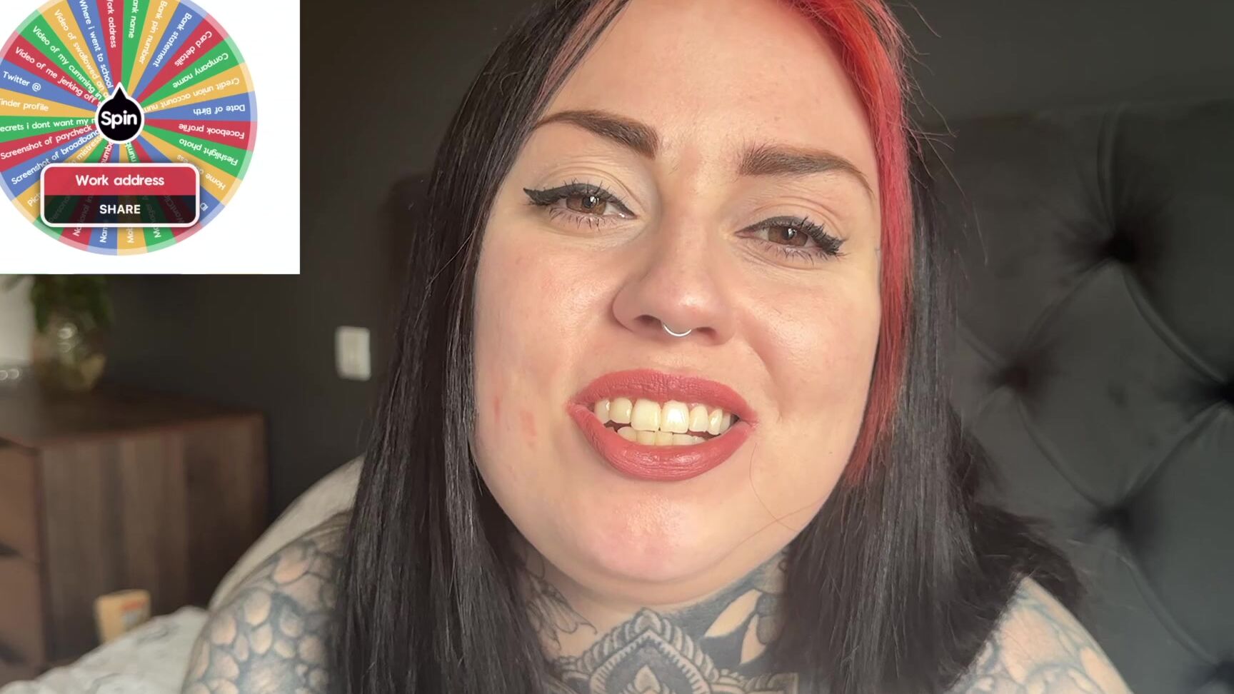 "MissValentina" blackmail, blackmailfantasy, blackmailtask, british, exposedfantasy, exposure, femdom, femdompov Topless Blackmail Information Wheel manyvids