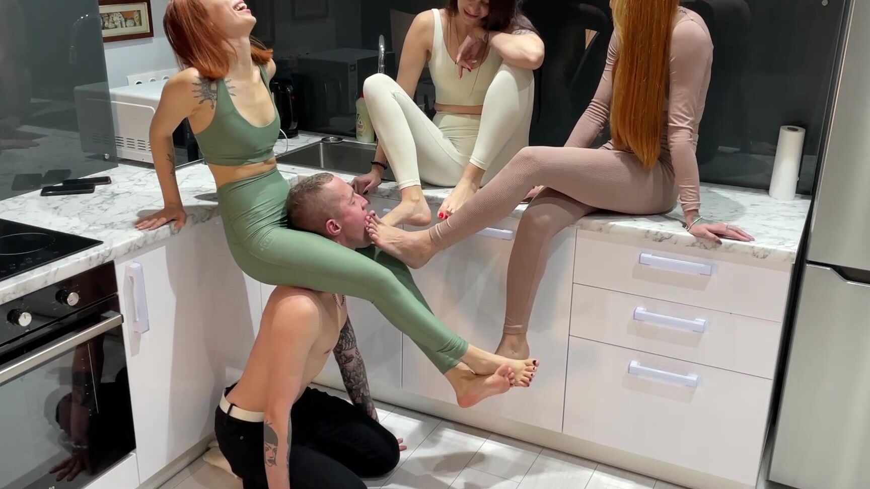 Petite Princess FemDom - Group Foot Worship Femdom - One Slave Serves The Bare Feet Of Three Mistresses