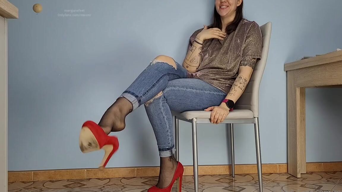 Masmr Onlyfans 5April Black Nylons Shoeplay Red Pumps And Tight Jeans