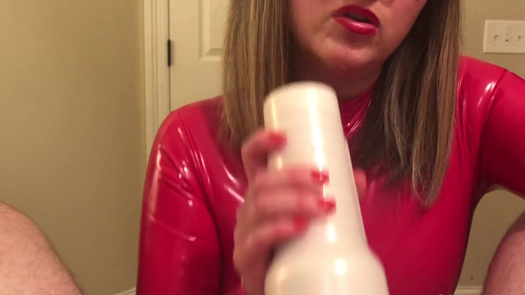 Southerngirlgw Wearing My Super Tight Red Leather And Playing With A Fleshlight Before Giving A Bj Also