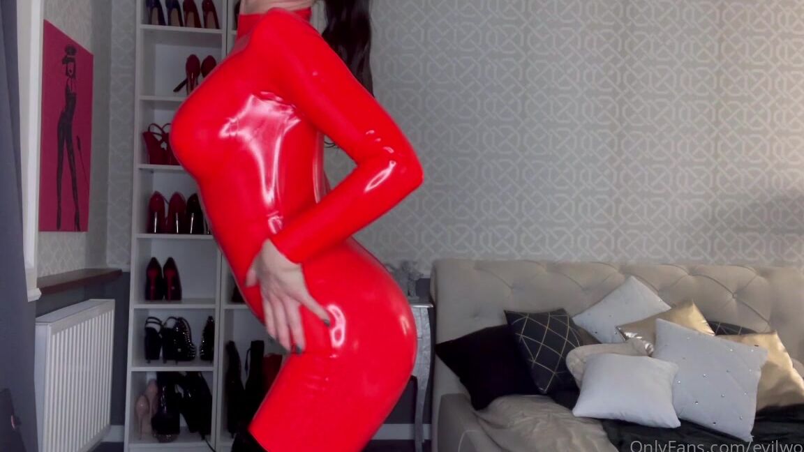 Evil Woman Red Latex Catsuit Tease P