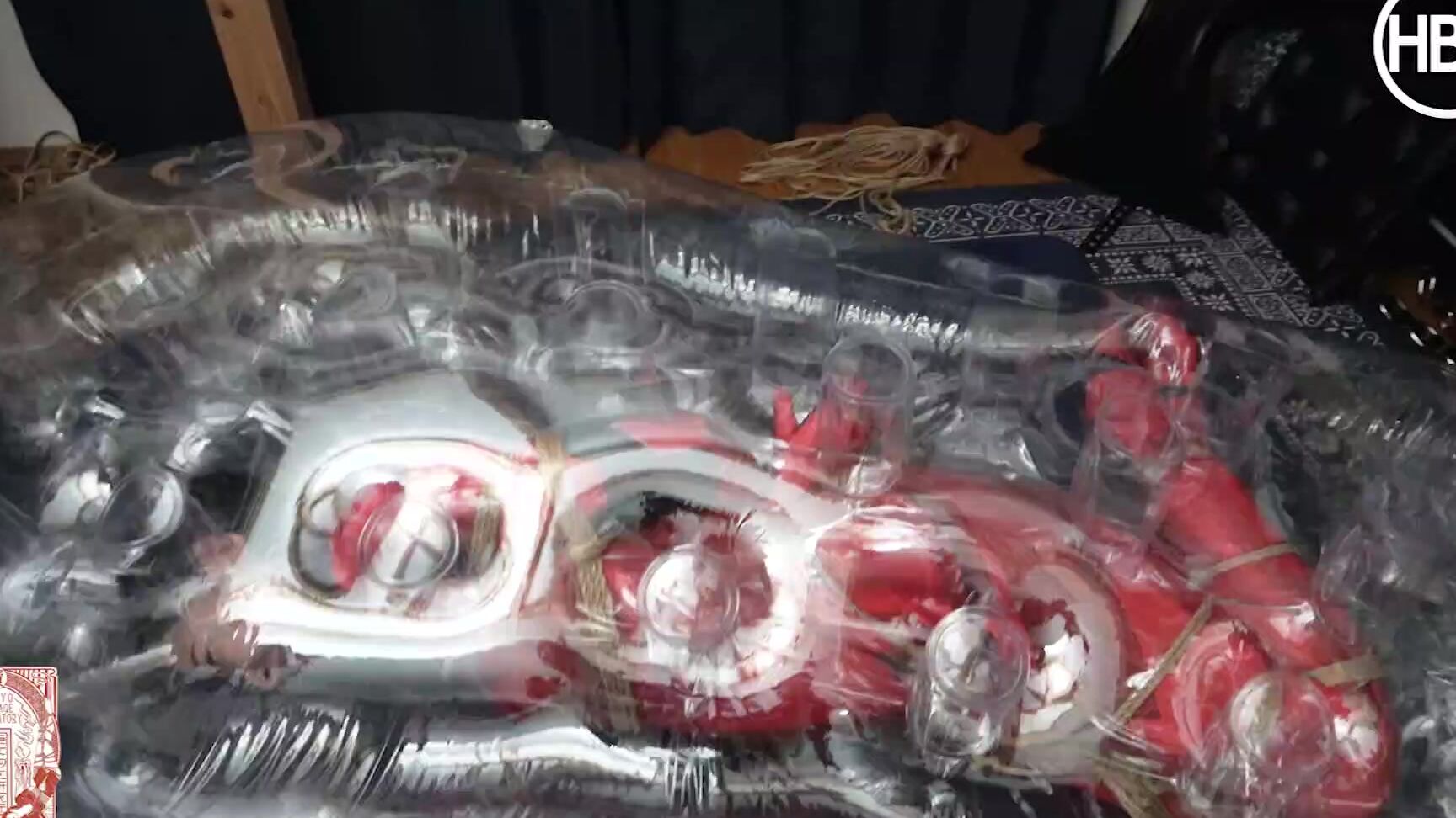 Shibari Rope Bondage Hogtie Inside Clear Inflatable Vinyl Rest Sacks