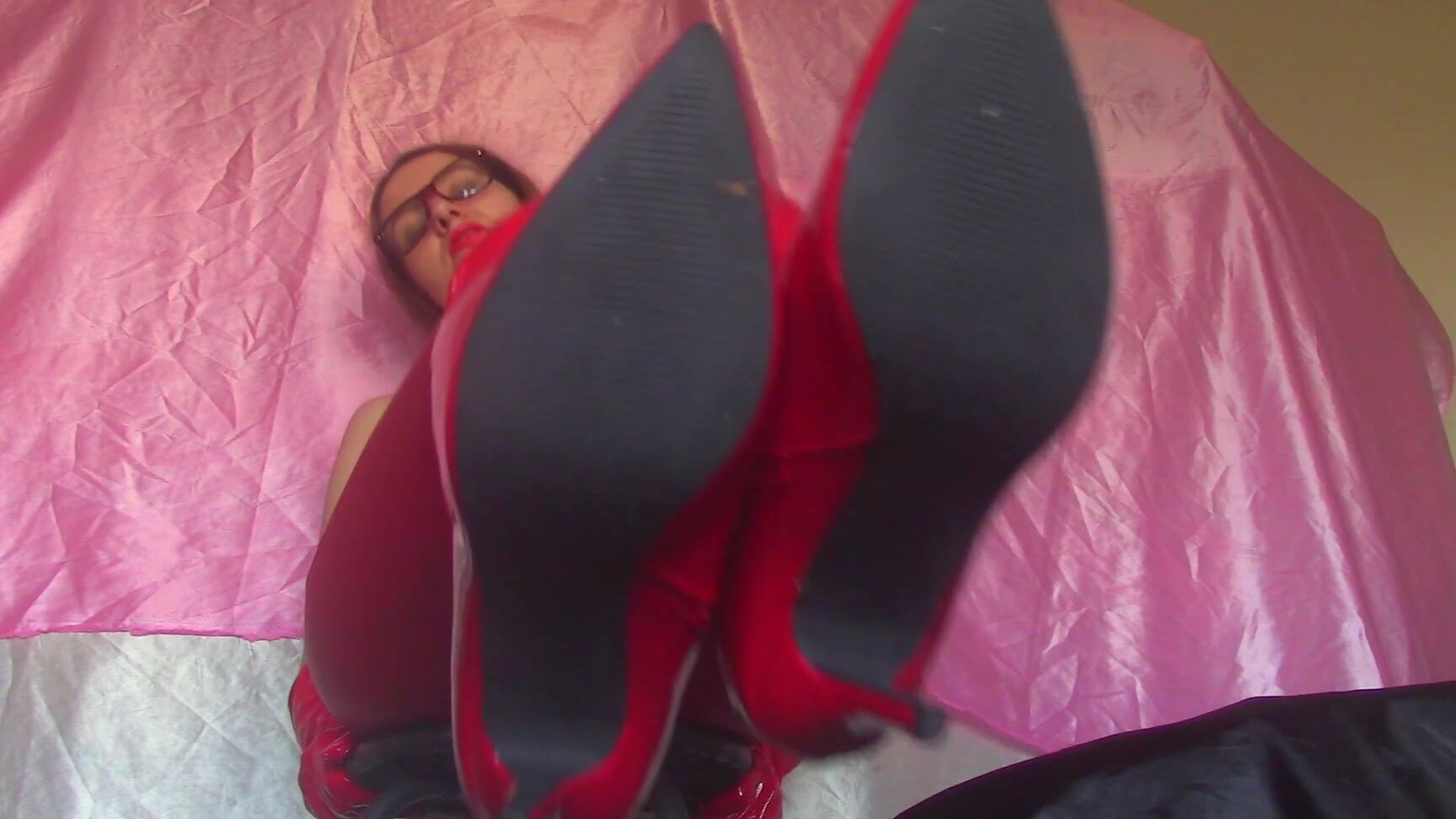 "Goddess Vanessa" boot domination, boot fetish, shoe & boot worship, boots, boot licking Lick My Shiny Red Boots manyvids