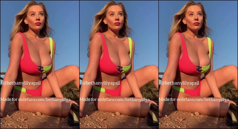 Bethanylilya Yellow And Pink Neon Bikini On The Beach