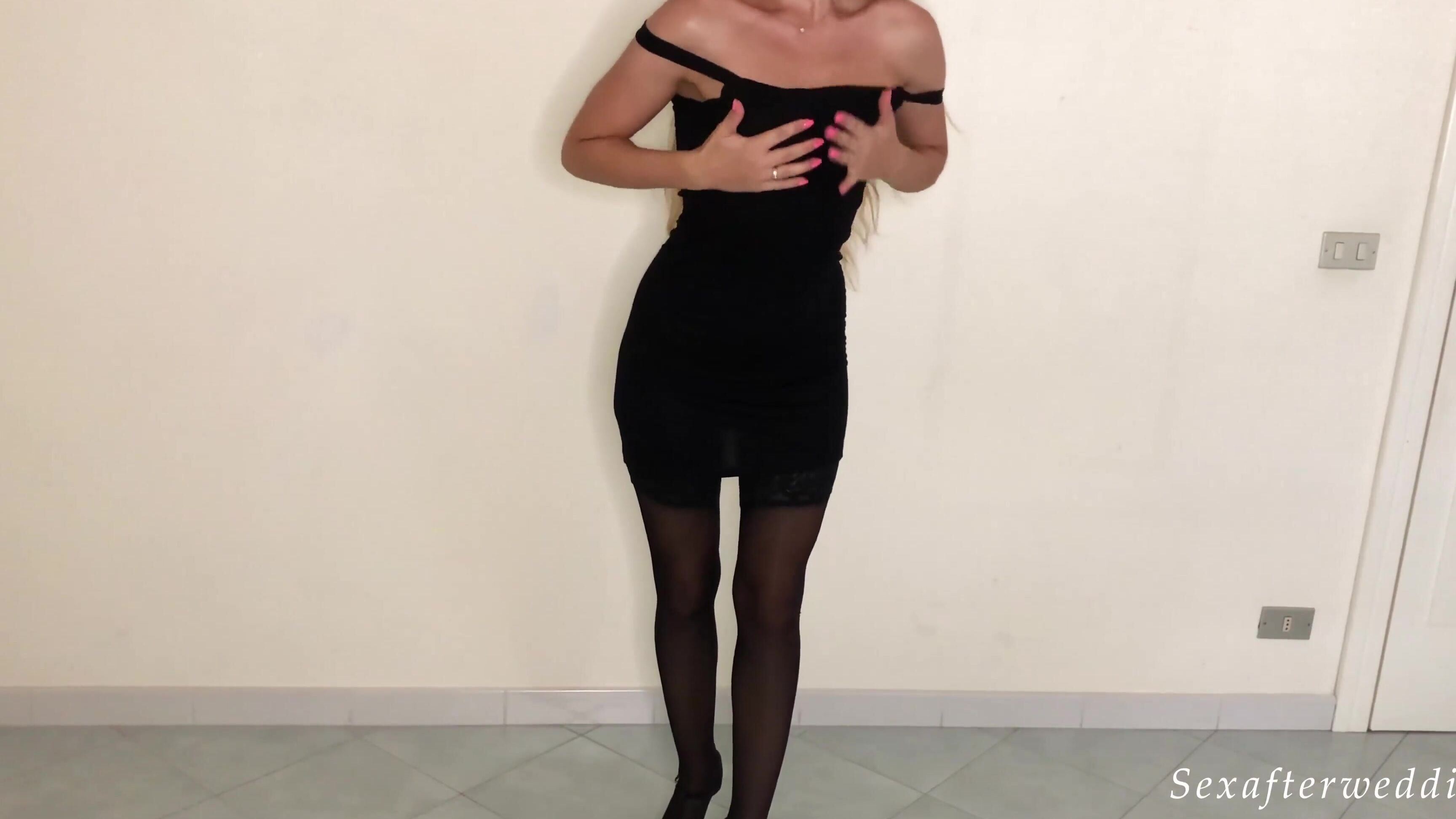 Sexafterwedding Striptease From Hot Blonde Teen With Tan Lines In Black Dress And Stockings