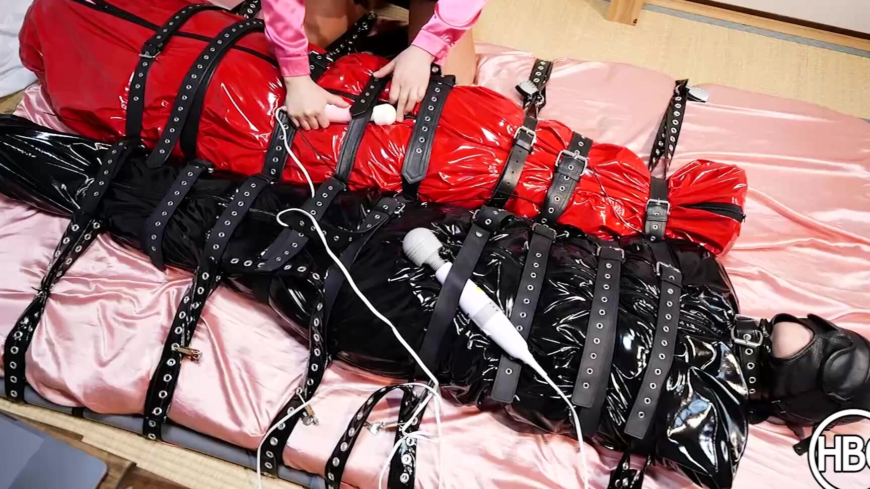 Double Pvc Sleep Sack Tied To The Bed And Vibed With Hitachi