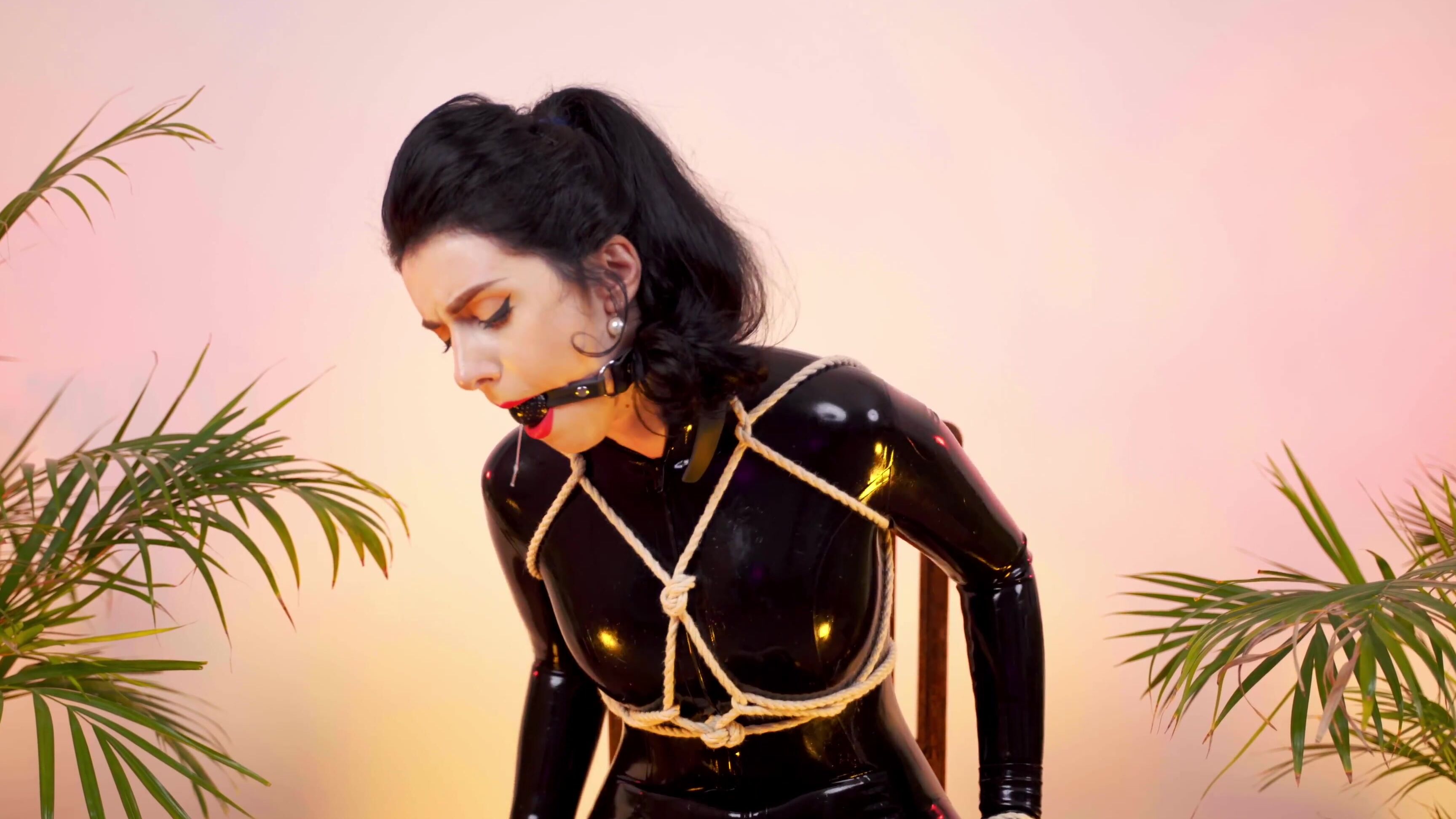 4K, Ballgagged, Bondage Device, Bondage Rope, Latex, SFW rope-bondage-in-black-latex-catsuit ManyVids