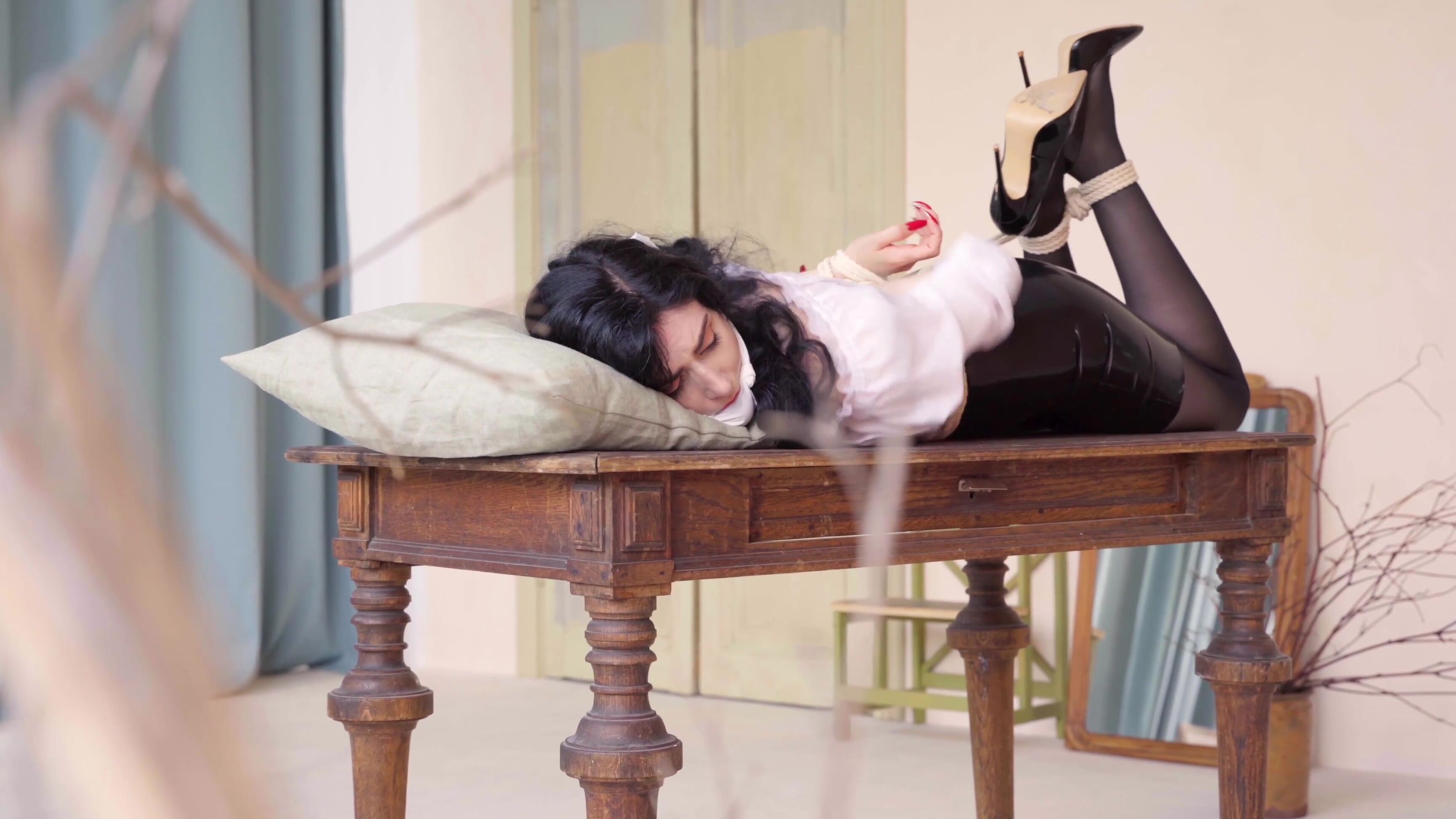 Ballgagged, Bondage, Bondage Rope, Gag, Latex rope-bondage-on-the-table ManyVids