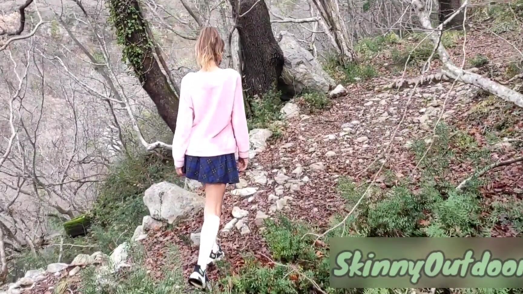 SkinnyOutdoor schoolgirl walking in the wood and show wet shaved pussy upskirt no panties outdoor Pornhub