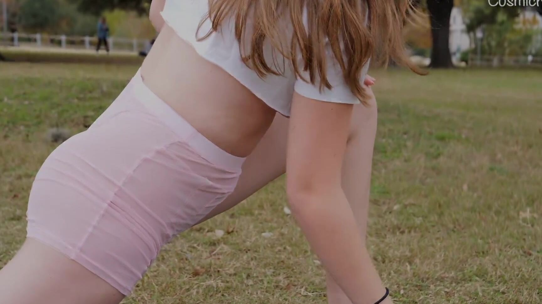 CosmicKitti Busty girl doing yoga workout in park no bra boobs out sheer shorts, can see pussy - Cosmic Kitti Pornhub