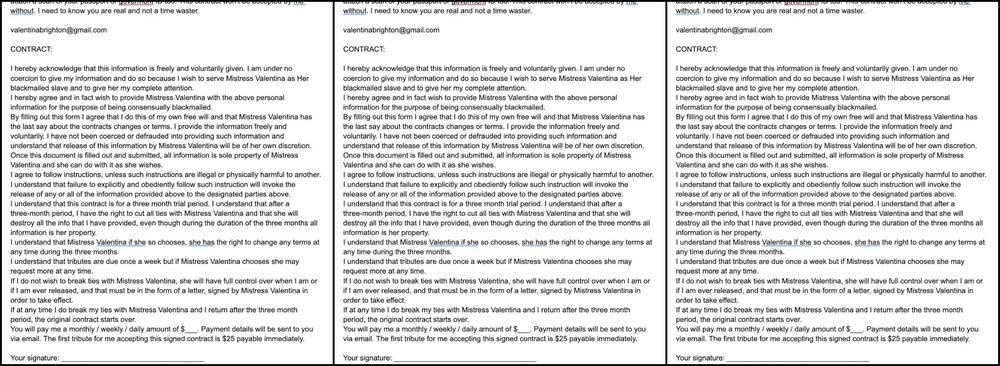 "MissValentina" blackmailfantasy, femdom, femdompov, financialdomination Official Blackmail Fantasy Contract manyvids