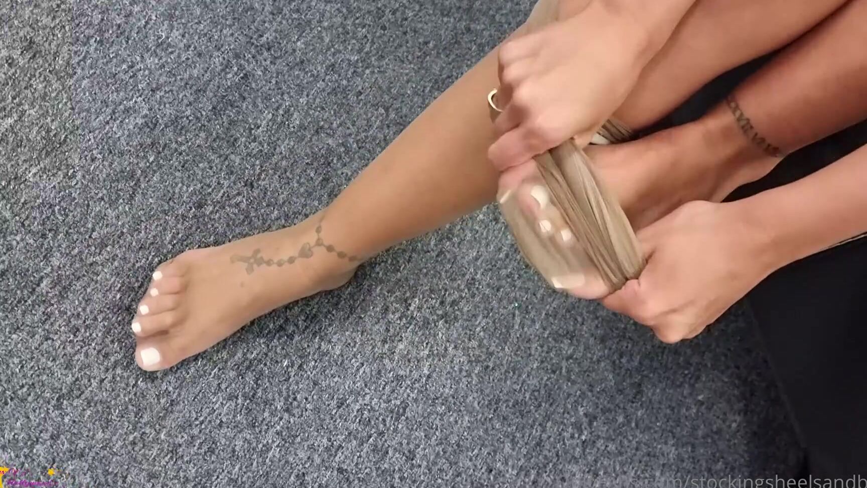 Stockingsheelsandboobs Ashley Pulls On Some Nude Coloured Pantyhose