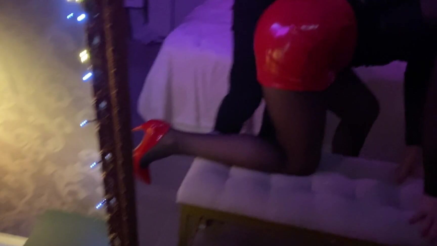 Flying Into Space From Her Red Latex Miniskirt Slowlytease