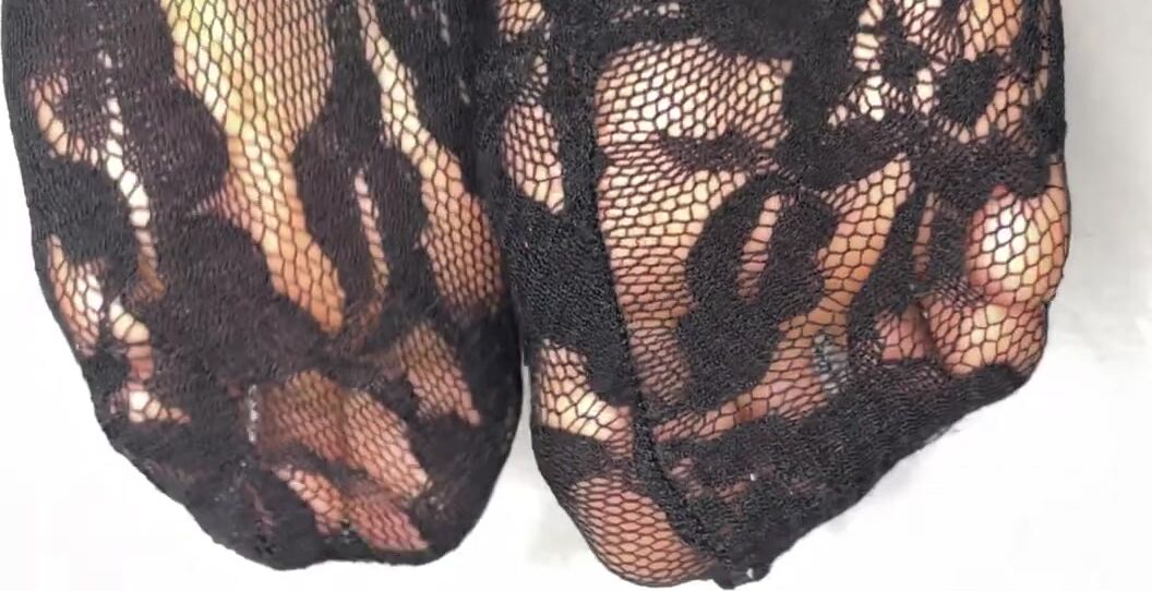 Nylon Worship, Feet, Foot Fetish, Ebony Foot Fetish, Socks, SFW french pedicure feet in lace nylon socks ManyVids