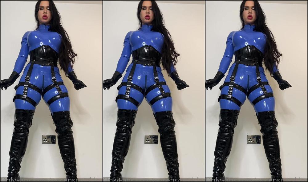 Obey Angelina Cum Guzzling Cei Joi In Full Blue Latex Catsuit Is
