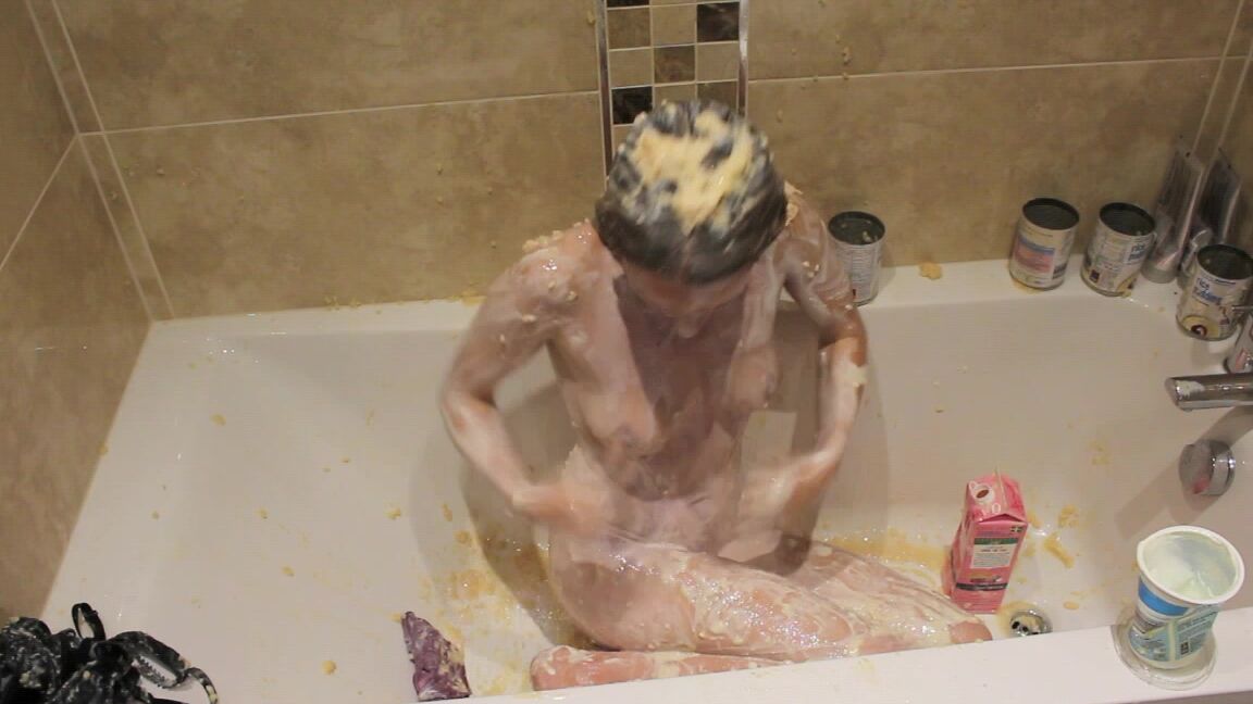 bathroom, food sploshing, food stuffing, highly arched feet, wet & messy wam pink rice pudding part 2 Manyvids