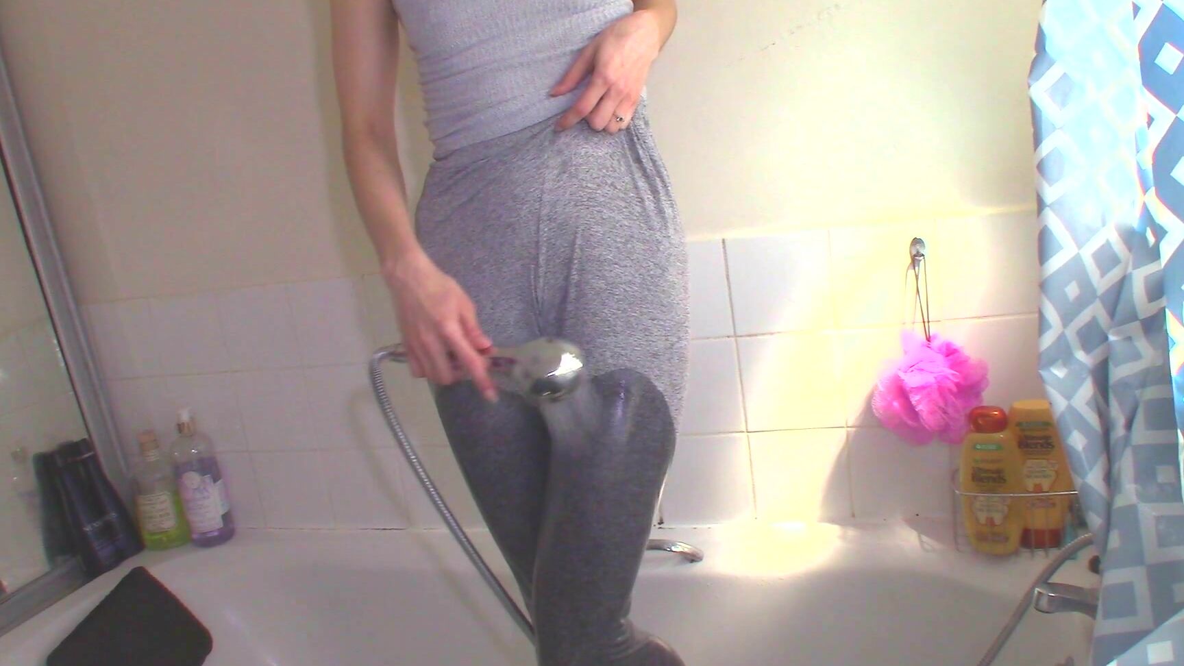 "Goddess Vanessa" shower, shower scenes, wet & messy, wet look, wet t-shirt Wet Gray Yoga Pants In SHOWER manyvids