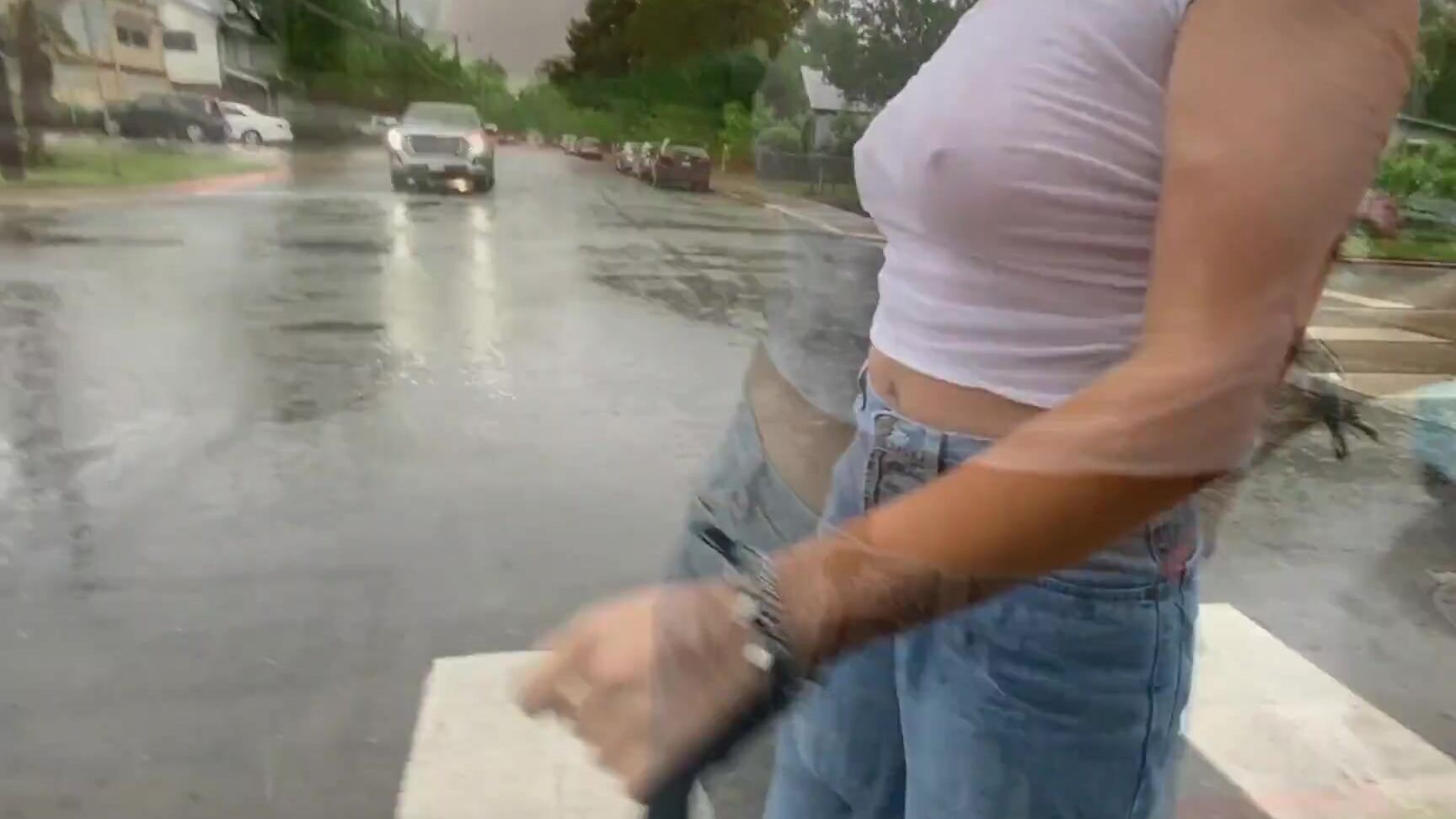 CosmicKitti Girls top gets wet in rain exposing tits in public Pornhub