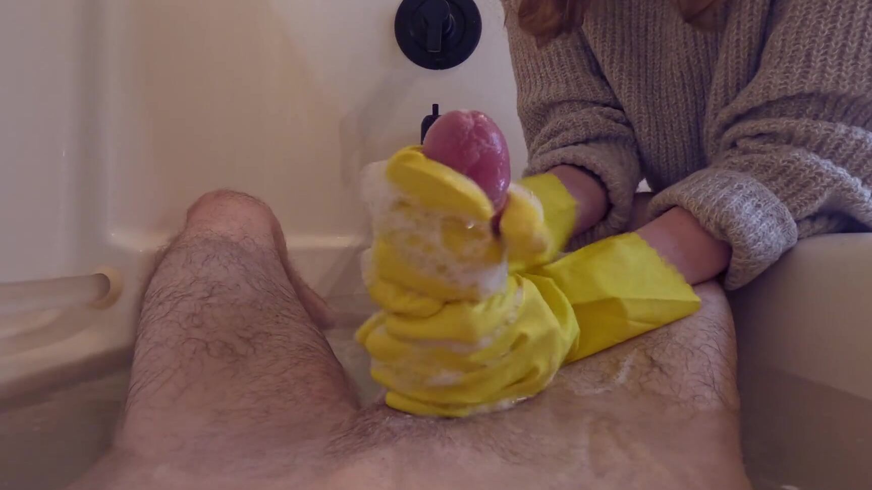 Maid Saw My Cock While Taking A Bath And Came In Pov Handjob With Rubber Gloves Pornhub Com