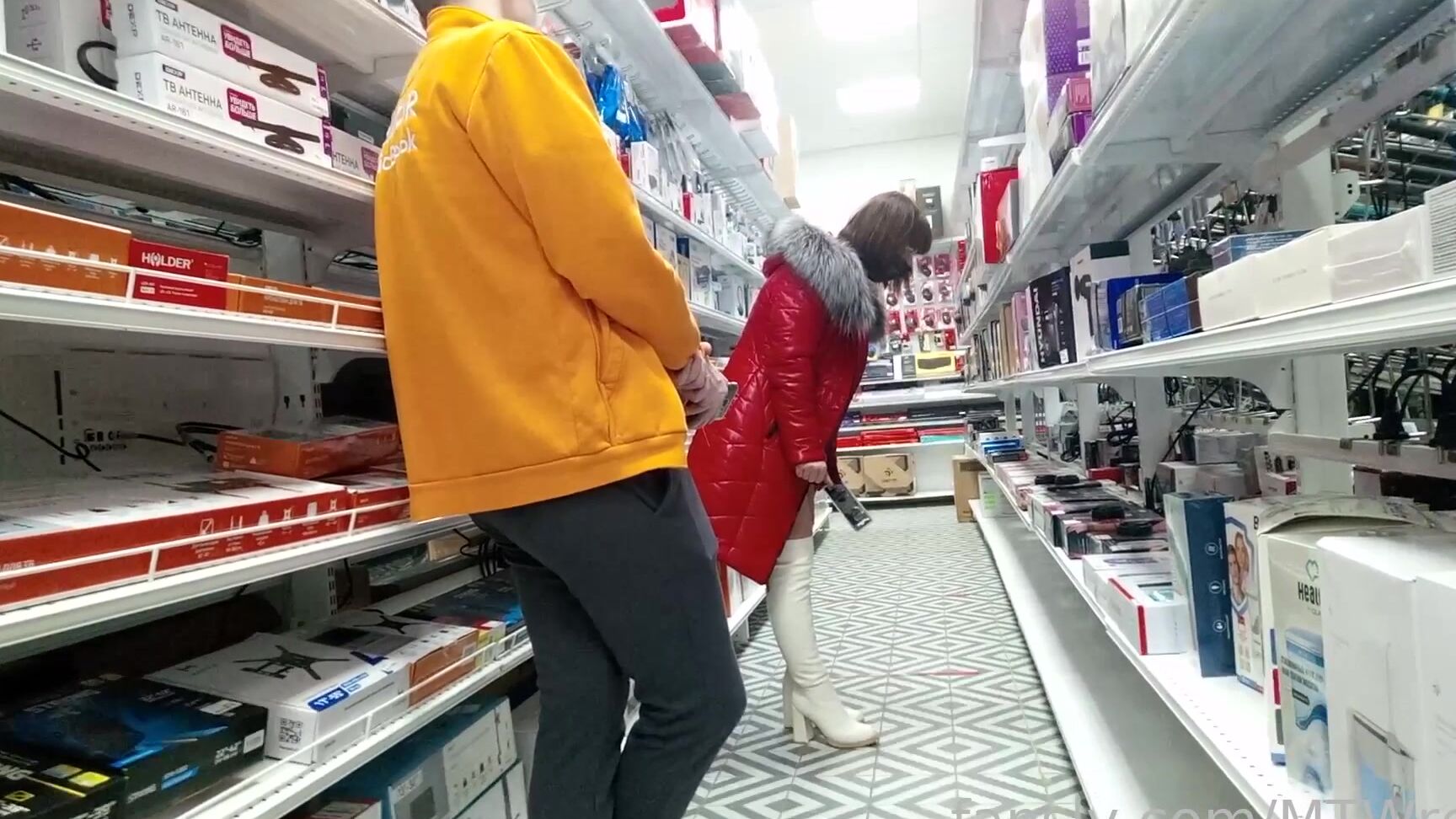 Exhibitionist Wife Red Jacket Transparent Dress In Public Store