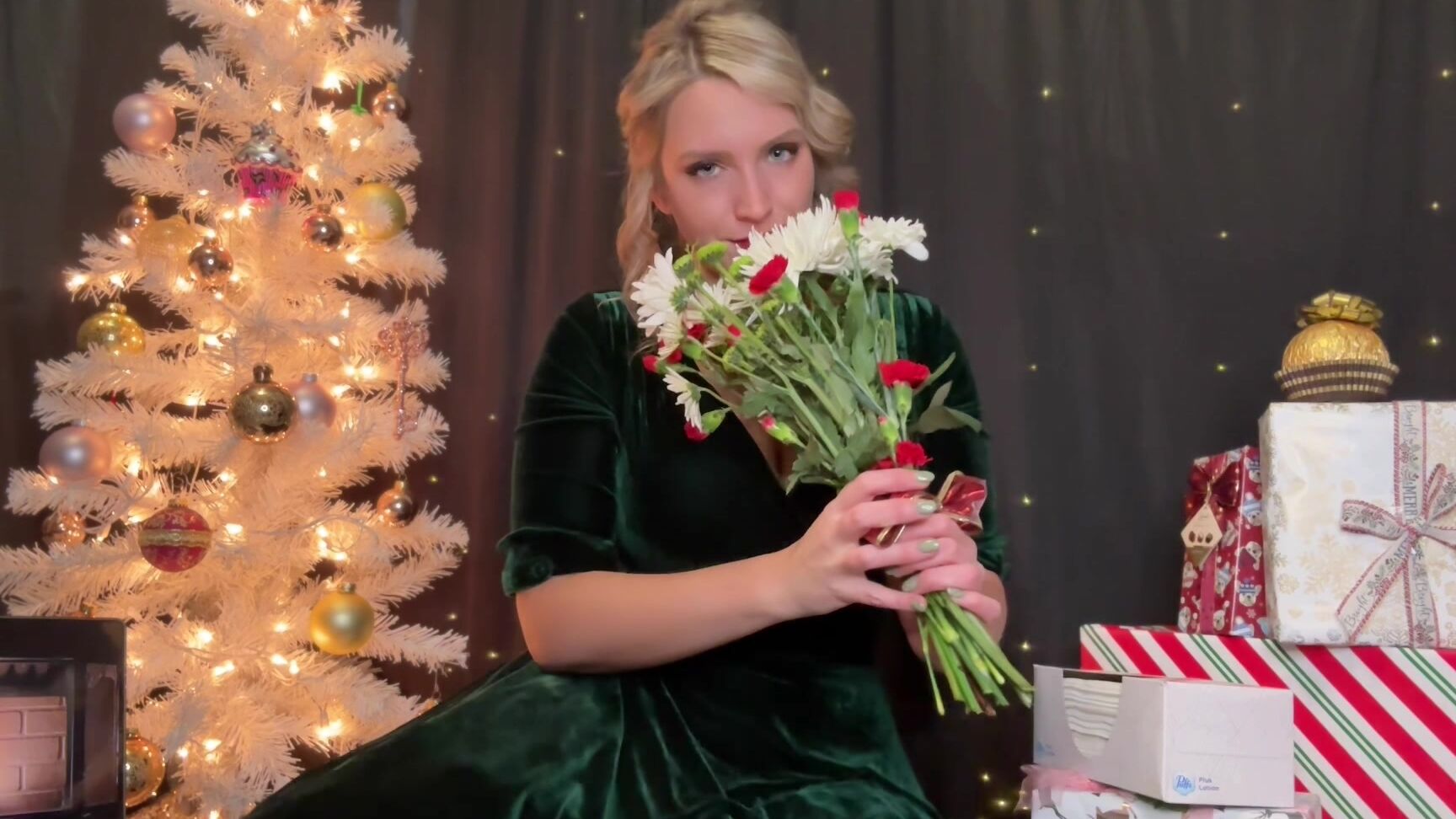 "SneezeGoddess" blonde, christmas, holiday, mucophilia, sfw, sneezegoddess, sneezing, vintage Sneezing Around the Christmas Tree Manyvids
