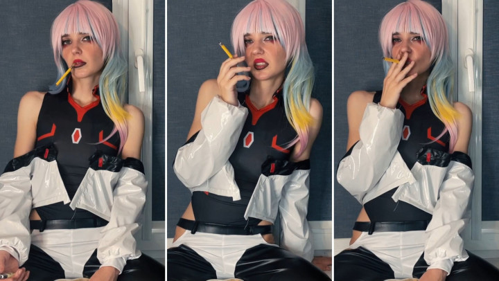 Poster for Manyvids Model - Cyberpunk - Seductive Lucy Smokes By The Window - May 17, 2023 - Lil Cosplay Slut - Smoking, Cosplay (Лил Косплей Шлюха Косплей)