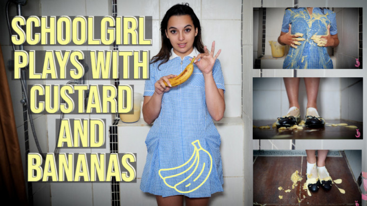 Poster for Schoolgirl Plays With Custard And Bananas - Manyvids Star - Summer Fox - Food & Object Crush, Food Sploshing, School Girl (Летняя Лиса Школьница)