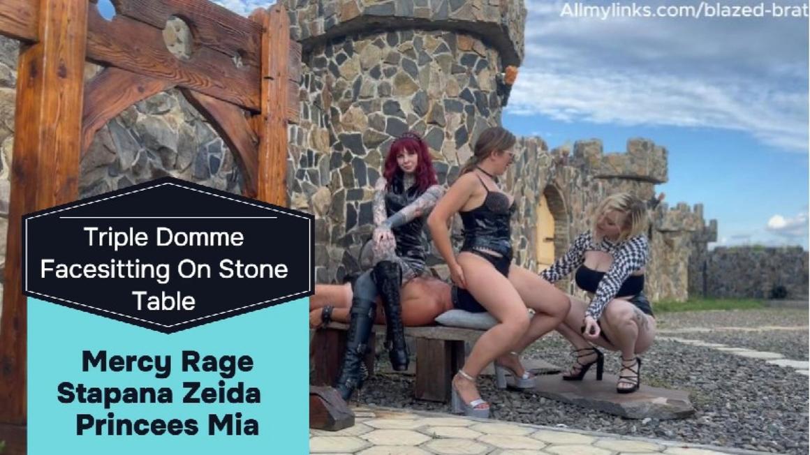 Poster for Manyvids Model - Blazed Brat - Triple Domme Facesitting On Stone Table - Double Domination, Outdoors (Блейз Брат Двойное Доминирование)